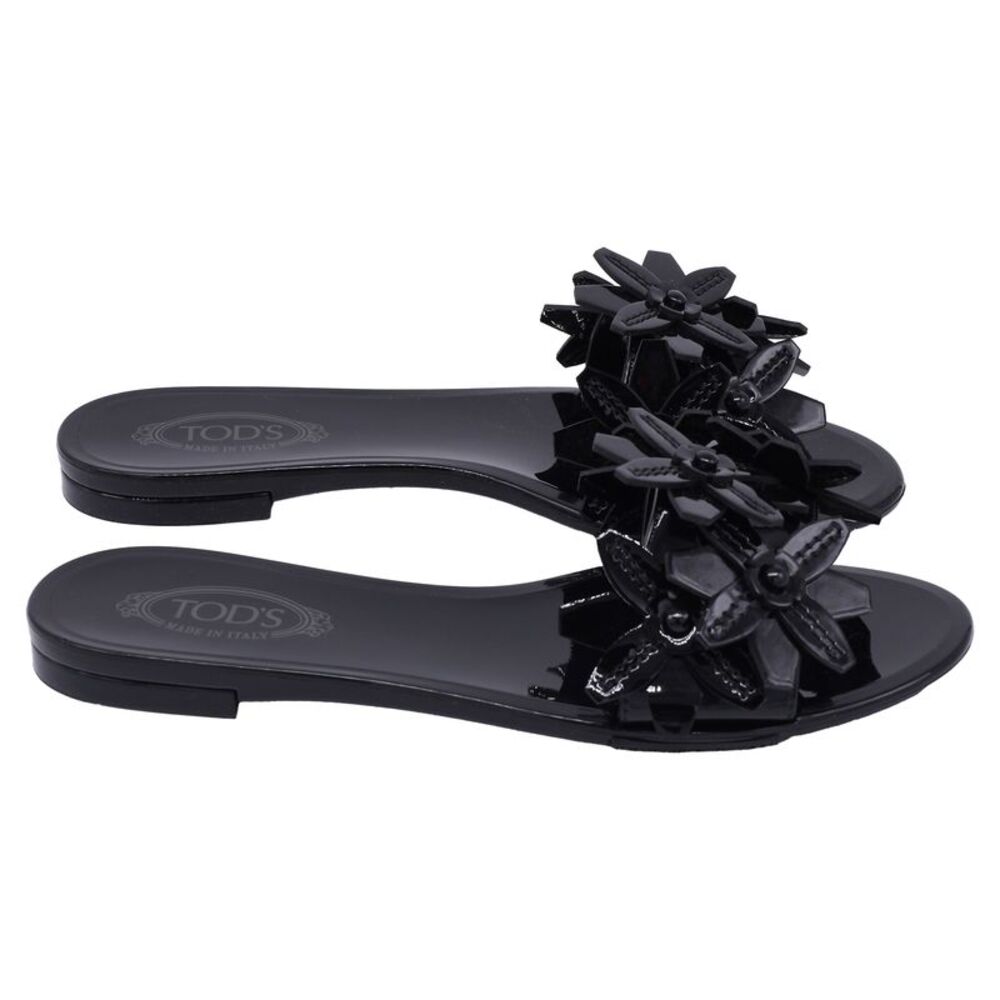 Tod's Floral-Applique Slide Flat Sandals in Black Patent Leather